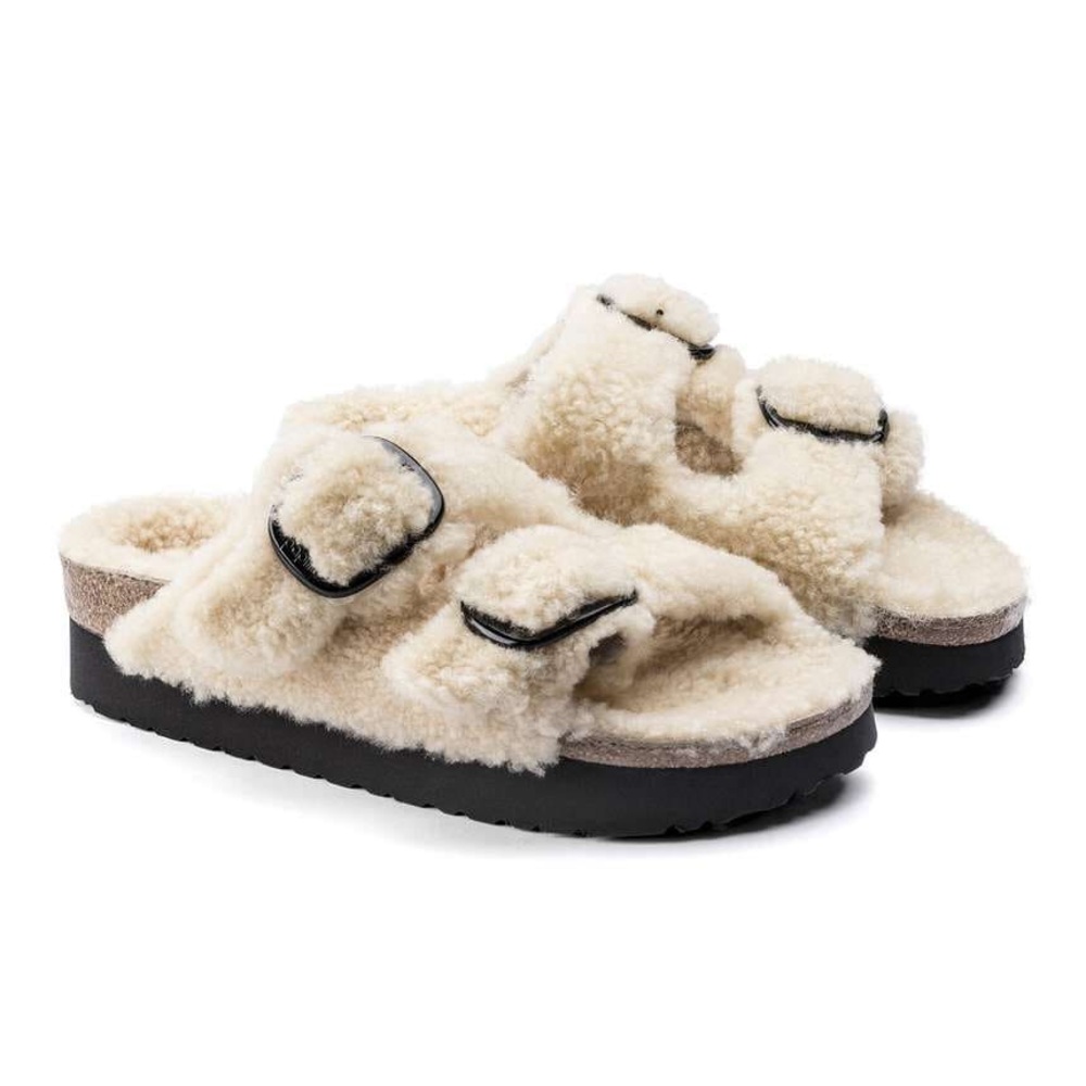 Birkenstock Papillio Arizona Big Buckle Shearling Sandals in Teddy Eggshell